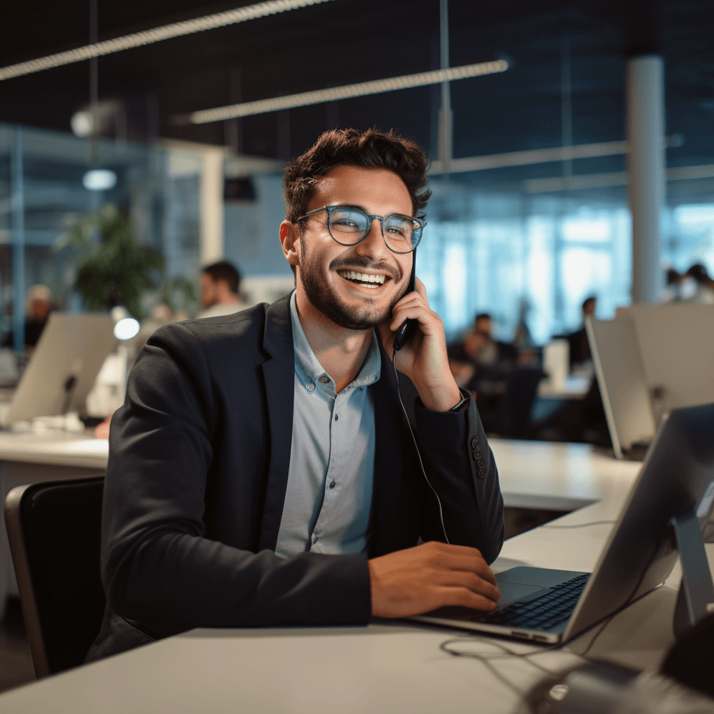 A Man on the Phone Smiling Recieving Feedback from a Customer